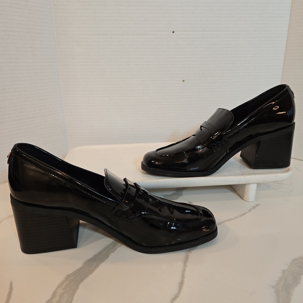 Marc Fisher Kchris Faux Patent Leather Chunky Heel Slip On Black Loafers